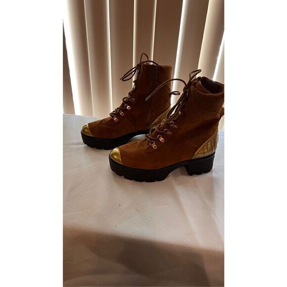Michael Kors womens Suede Leather Chunky Heel Ankle Boots Brown Gold Size 9.5 - Picture 5 of 15